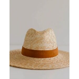 Gigi Pip Isla Natural Straw Wide Brim Fedora Hat Tan Suede Band Adjustabl